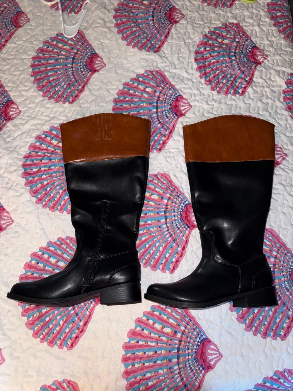 NWOT Journee Dressage Knee High Riding Boots 9.5 WC Wide Calf Black and Tan